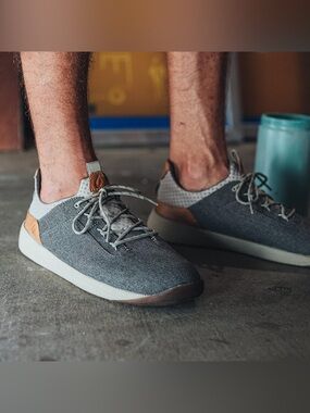 OluKai Men's Grey Knit Sneakers with Brown Accents